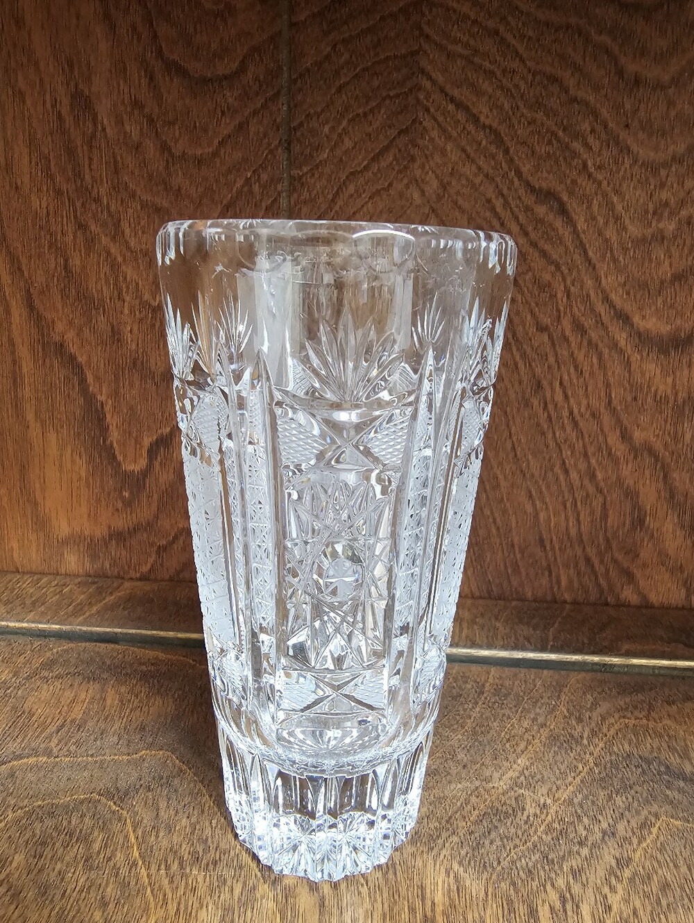Vintage Bohemian Cut Crystal Tall Vase - Clear Glass
